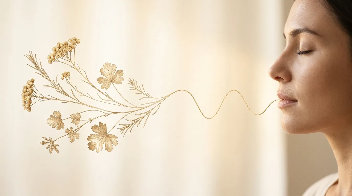 Femme respirant calmement au jardin, pratique de cohérence cardiaque — Aromanou Aromaustral