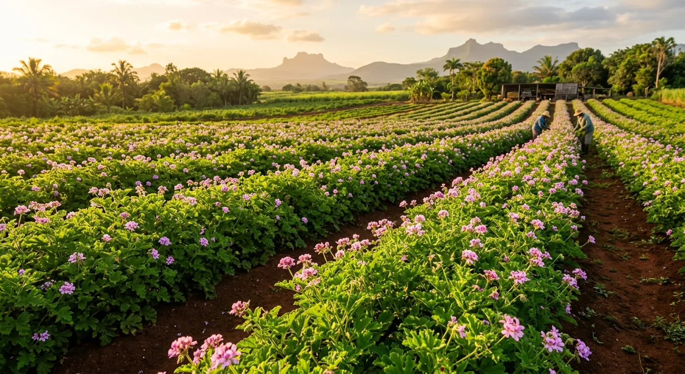 Champ de géranium rosat à l'Île Maurice — Aromanou Aromaustral