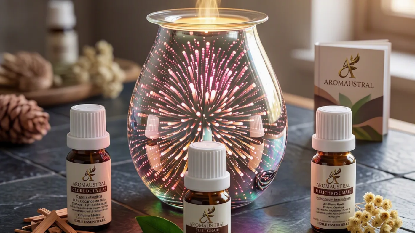 Flacons d'huiles essentielles et lavande séchée, rituel du soir apaisant — Aromanou Aromaustral