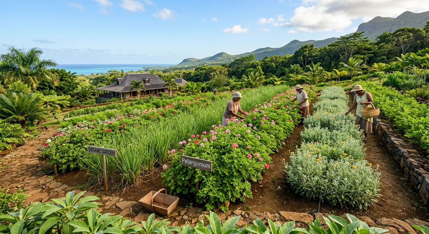 Jardin de plantes aromatiques du domaine Aromanou à l'Île Maurice — futur alambic